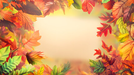 Obraz premium Vibrant Autumn Banner Card Design Featuring Leaves and Colors with an Empty Central Text Area for Customization