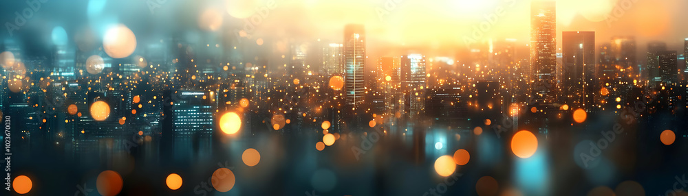 Poster bokeh cityscape merges with data visualization: urban skyline transitions into colorful digital info