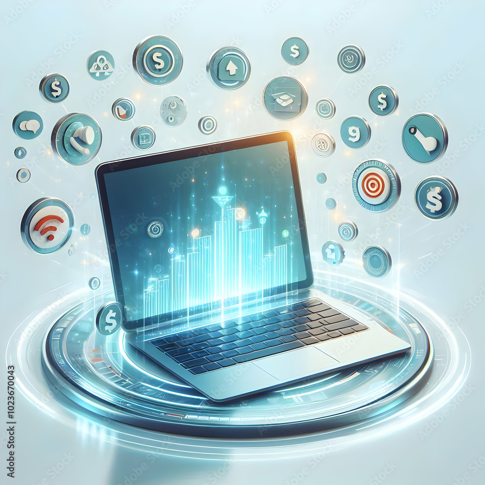 Aufkleber flat holographic laptop displaying floating demand and payment icons on glossy white surface with am