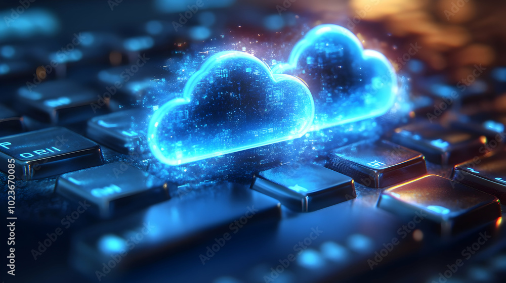 Poster 3d bokeh keyboard keys blending with cloud symbols: macro shot of illuminated keys transitioning int