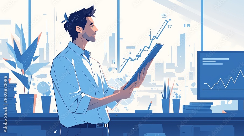 Poster a man gazes at a digital tablet displaying an upward trending graph in an office setting, representi