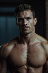 A tall, muscular man confidently poses in a dim gym, showcasing his impressive physique during a late workout