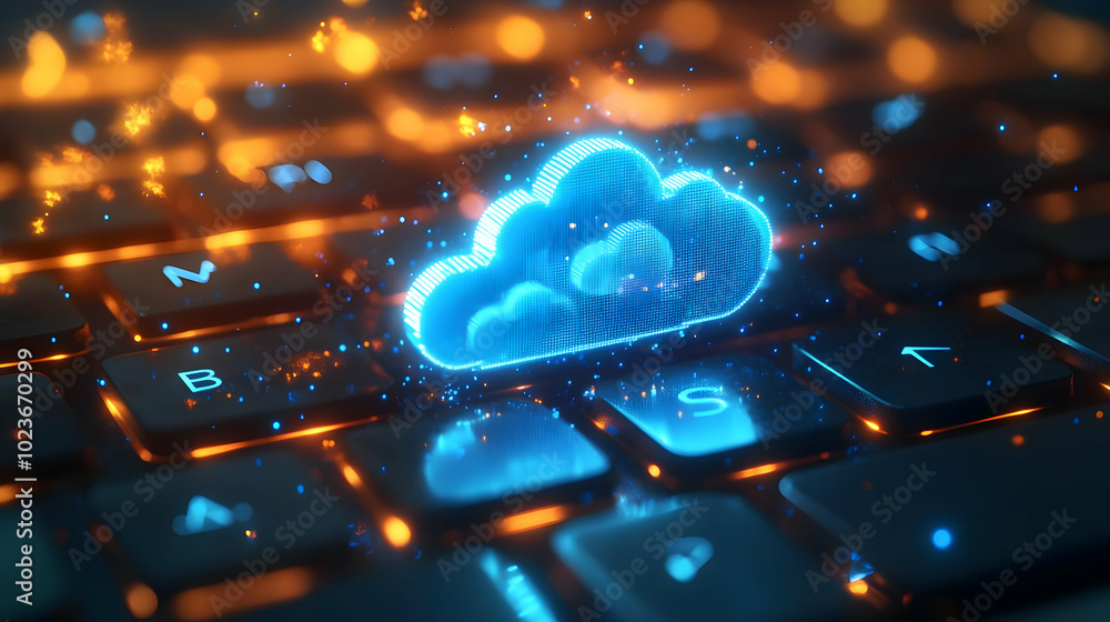 Poster 3d bokeh keyboard keys blending with cloud symbols: macro shot illustrating shift from traditional t