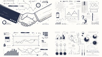 An intricate line art depiction of a handshake is surrounded by various analytical graphs and charts, symbolizing collaboration and data-driven decision-making.