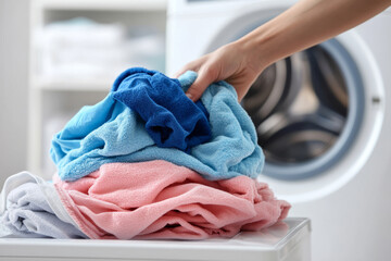 A hand organizing freshly washed towels next to a washing machine