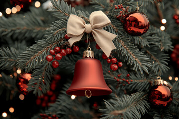 Christmas tree adorned with a red bell ornament and a ribbon bow