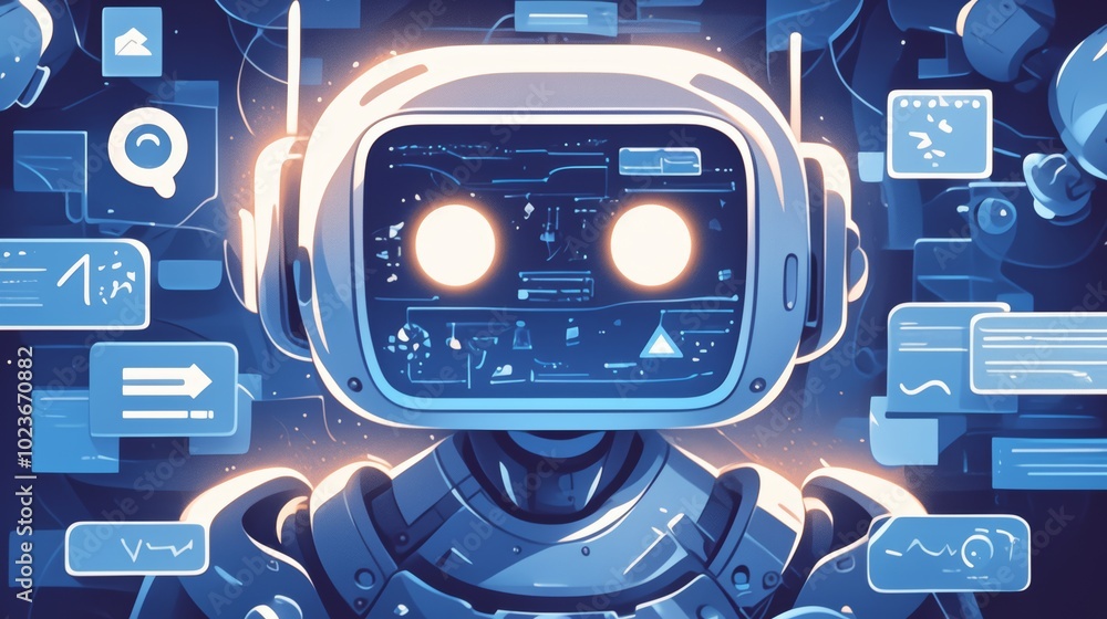 Poster a charming robot with glowing eyes is displayed onboard, surrounded by a digital interface featuring