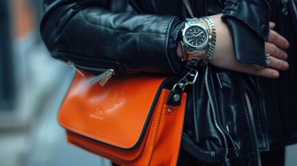 Close Up of a Stylish Hand with an Orange Bag and a Silver Watch