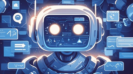 Fototapeta premium A charming robot with glowing eyes is displayed onboard, surrounded by a digital interface featuring various holographic data and interactive elements.