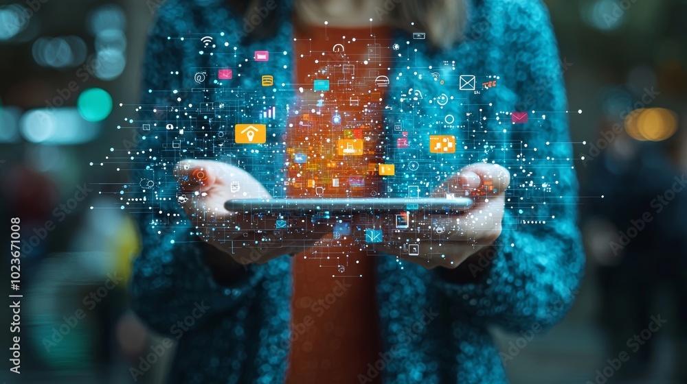 Poster person showcasing a tablet with network icons, representing connectivity, digital communication and 