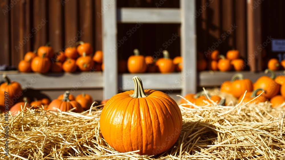 Sticker A Single Pumpkin Sits on a Bed of Straw, Surrounded by Other Pumpkins