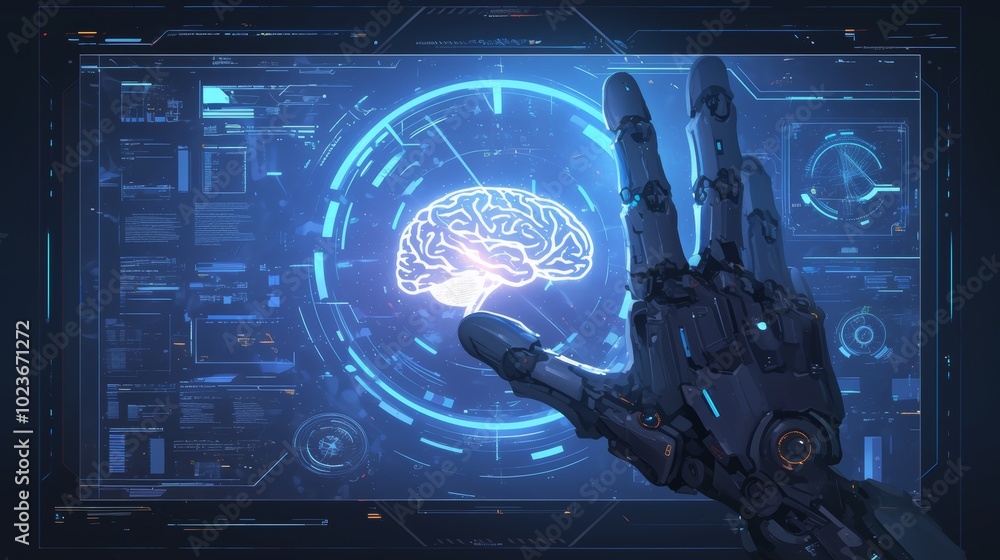 Poster a robotic hand interacts with a glowing digital brain interface, symbolizing the intersection of art
