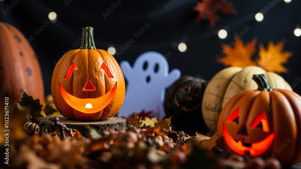 Poster Lit Pumpkin On Tree Stump With Autumn Leaves