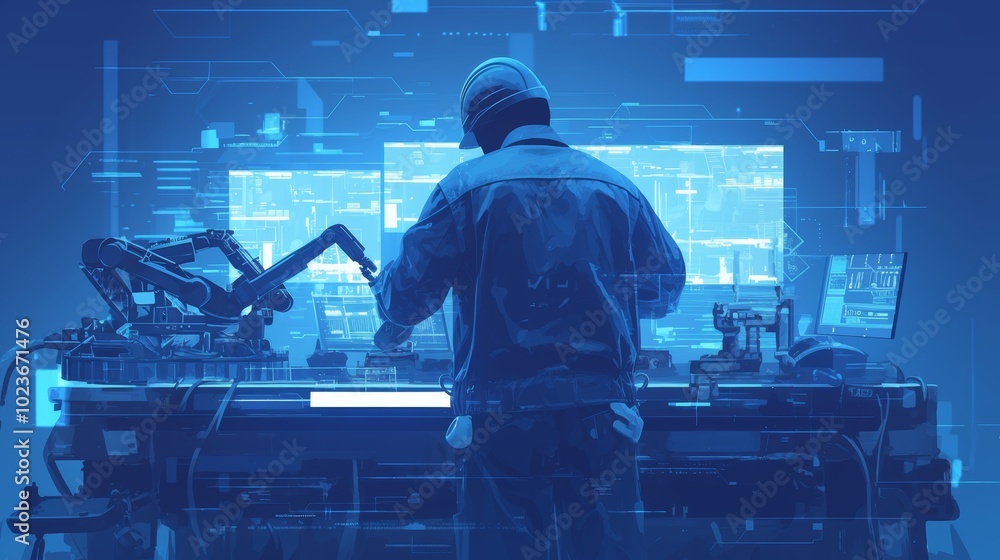 Poster an engineer operates a control panel surrounded by robotic arms, displaying technology's role in ind