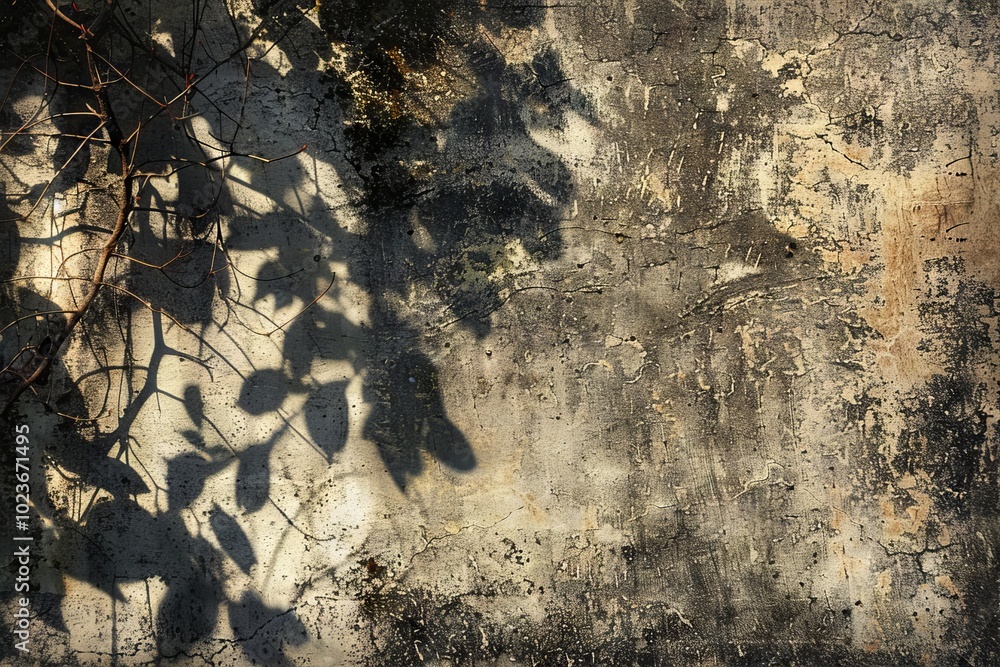 Aufkleber close-up of a weathered concrete wall with shadows of leaves and branches cast by sunlight, creating