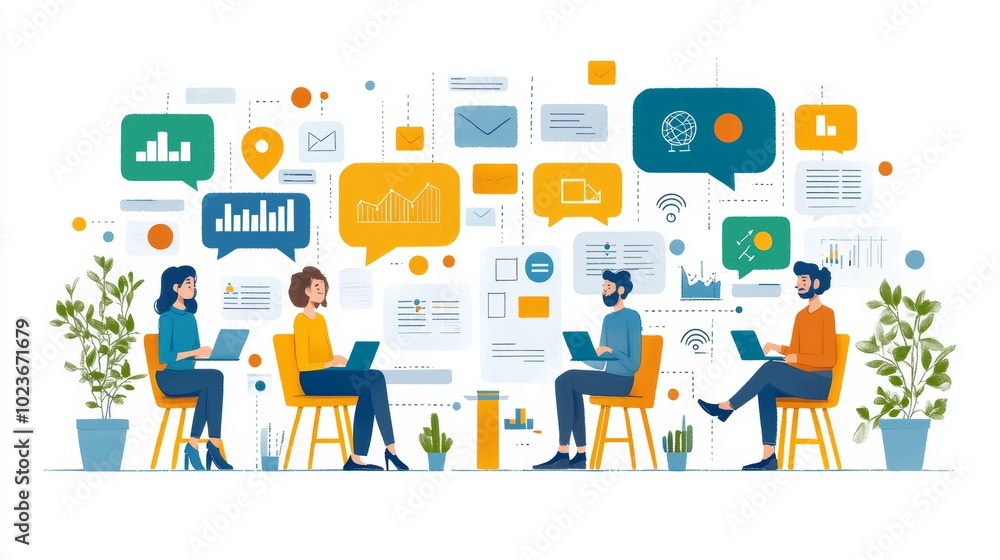 Poster a group of professionals collaborate in a digital workspace filled with interactive dialogue boxes a