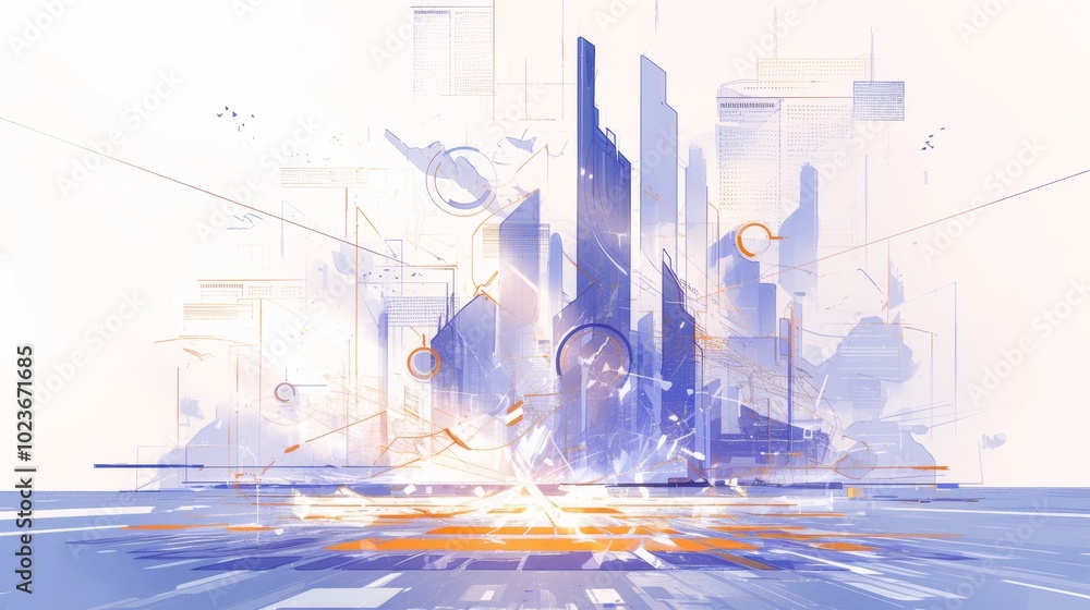 Poster an abstract cityscape composed of futuristic geometric shapes and lines, offering a visionary take o