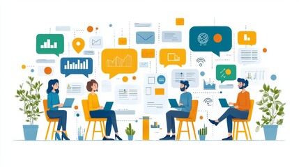 A group of professionals collaborate in a digital workspace filled with interactive dialogue boxes and charts, embodying teamwork and communication in the digital age.
