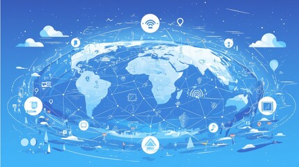 A blue-toned digital world map encircled by various communication icons symbolizes global technology, modern connectivity, and an interconnected planetary network.