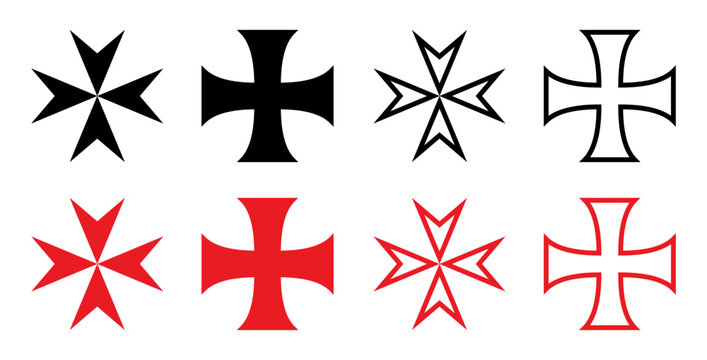 maltese cross sign set isolated. black and red various styles and shapes 