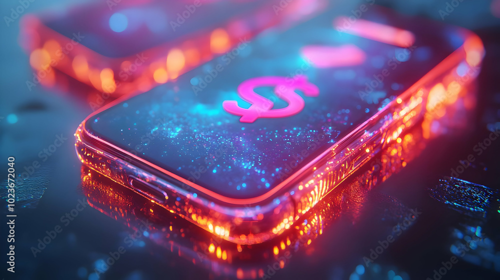 Poster 3d holographic smartphone with floating app icons and copy space for branding - sleek glossy design 