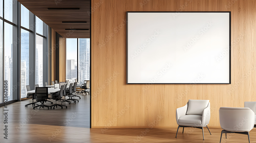 Poster Modern office interior with blank poster on wooden wall. 3D Rendering