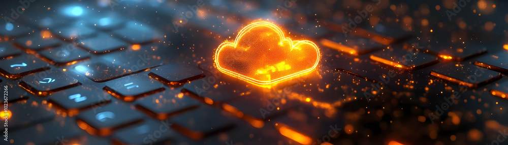 Poster bokeh keyboard keys blend with cloud symbols - macro shot of illuminated keys transitioning into clo