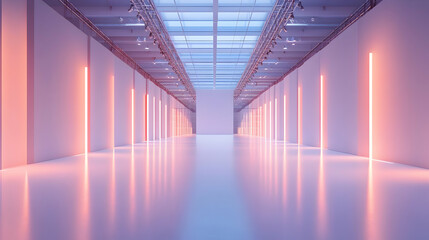 3D Minimalist Fashion Runway with Glossy White Flooring and Mirrored Backdrop - Slow Tracking Shot Capturing Clean Reflective Surfaces for Designer Logos and Collection Themes