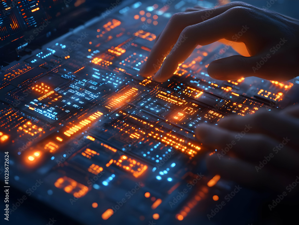 Poster flat digital finance concept: close-up of hands typing on keyboard with glowing financial data - fut