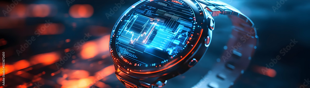 Aufkleber futuristic holographic smartwatch floating with ai health data and growth metrics in minimalist back
