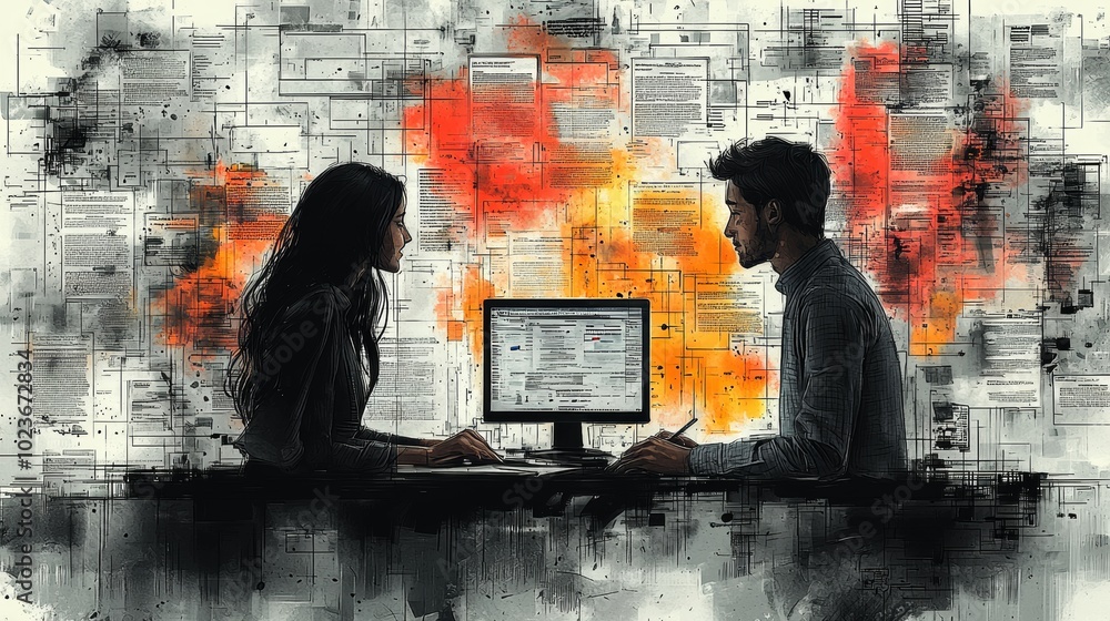Aufkleber two professionals interact over a computer monitor against an abstract backdrop; depicts collaborati