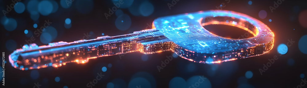 Poster flying key with holographic digital interface: symbolizing mastery in security trends and innovation
