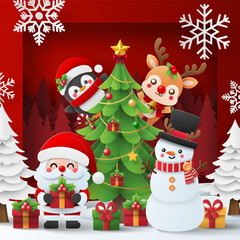 Christmas cheer with Santa Claus, Snowman and friend around Christmas tree.