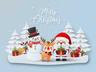 Merry Christmas and Happy New Year, Christmas banner postcard of Santa Claus, reindeer and snowman with Christmas tree and gift. © NuTz