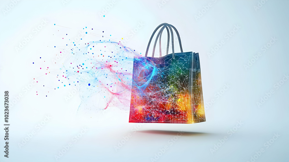 Poster 3d retail shopping bag filled with data streams and analytics symbols - isolated vector illustration