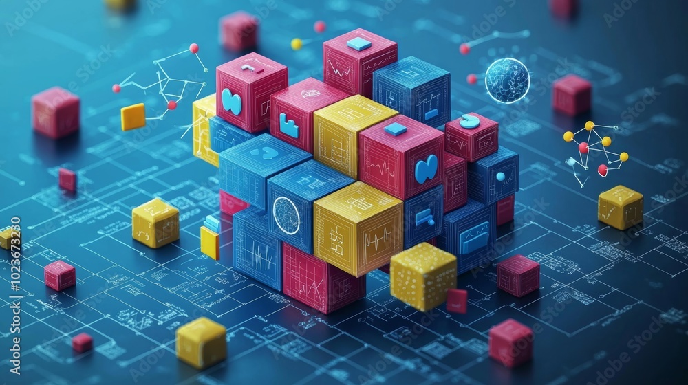 Poster image showcasing colorful abstract concept blocks and interconnected circuitry forming a cube, symbo