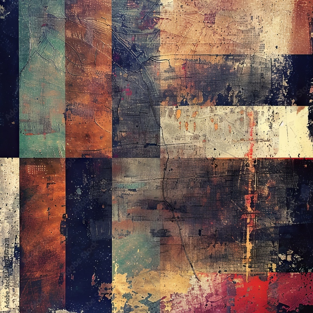 Poster Vibrant abstract grunge texture with colorful geometric patterns and distressed effects, perfect for backgrounds and artistic projects.