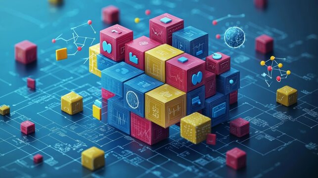 Image showcasing colorful abstract concept blocks and interconnected circuitry forming a cube, symbolizing complex ideas and the intricacies of modern technology.