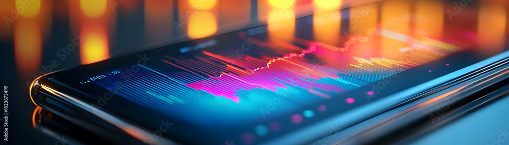 Aufkleber glossy smartphone reflecting colorful stock market data charts concept with ample copy space on whit