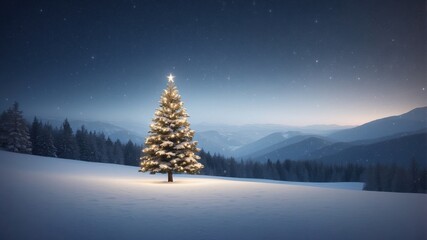 Cozy Christmas tree illuminated in the snowy mountains during a serene winter evening