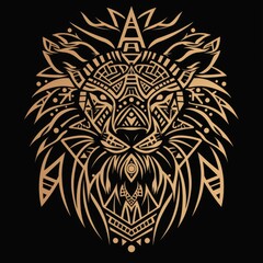 Fototapeta premium Lion head with tribal designs in simple line art.