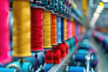 Spinning machine in textile factory with yarn spools.