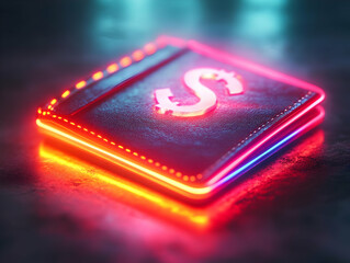 Flat Close-Up of Holographic Wallet with Glowing Currency and Discount Symbols � Macro Image Highlighting Advanced Finance and Advertising Elements in a Clean Minimalist Background with Ample Copy Spa