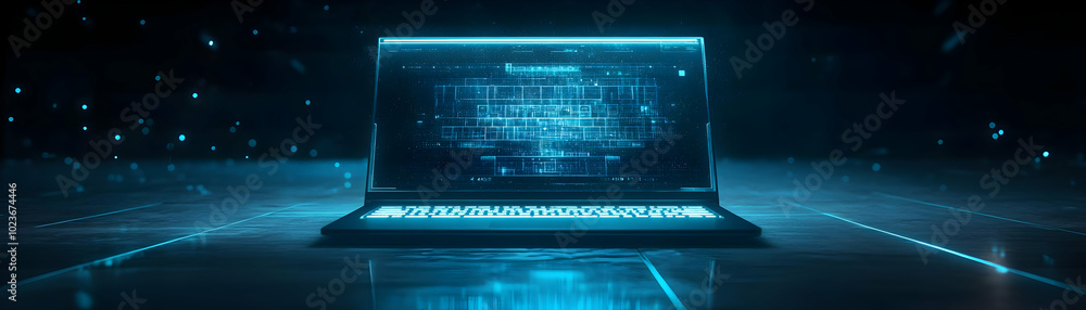Poster futuristic laptop with holographic keyboard and floating interface in dimly lit workspace � innovati