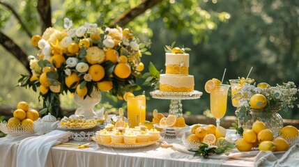 Sunny Citrus Delight Vibrant LemonThemed Bridal Shower Table Setting with Refreshing Drinks and Delectable Desserts