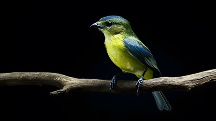 Fototapeta premium Green-backed Becard Bird Perched on a Branch on a Black Background, Photo Realistic, Standard Background, Wallpaper, Cover and Screen for Smartphone, PC, Laptop, 9:16 and 16:9 Format