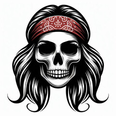 simple image of female skull with red bandana isolated on white background, logo or icon style
