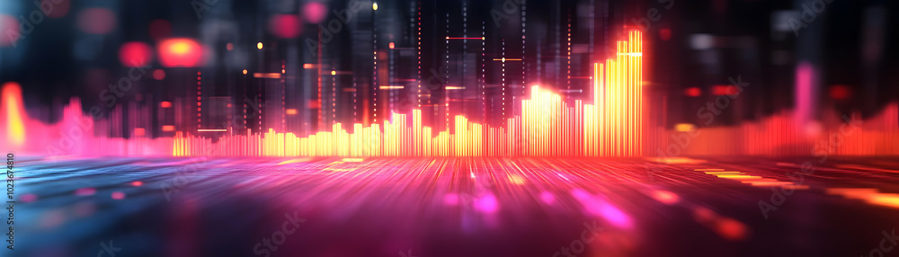 Poster blurred bar chart with glowing peak - wide shot emphasizing growth and success in photo stock concep