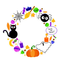 Halloween vector round frame features black cat, broom, spider, ghost, pumpkin, candy, lollypops, web and leaves for the seasonal festivities. Vector round border for photo
