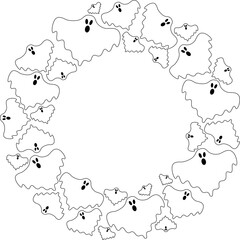 halloween round frame with cartoon ghosts with scary faces. border frame with white copy space background. circle halloween empty greeting card or advertising mockup
